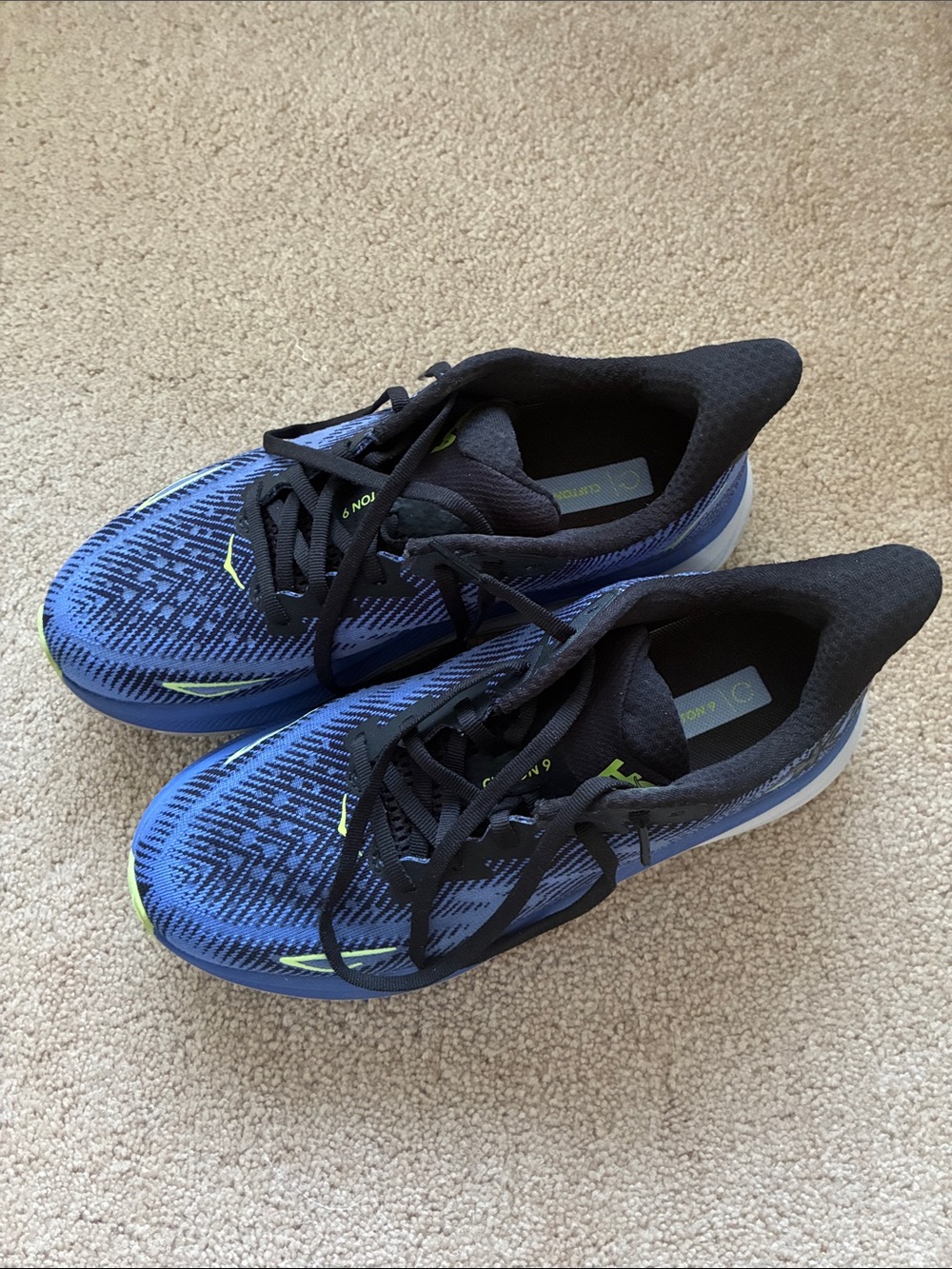 Hoka Clifton 9 Blue and Black Women's Running Shoes with Lime Accents - Picture 2 of 6